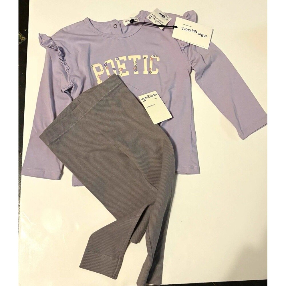 Miles the Label Girls 24M  2pc Purple Graphic Top & Gray Ribbed Ruffle Pants